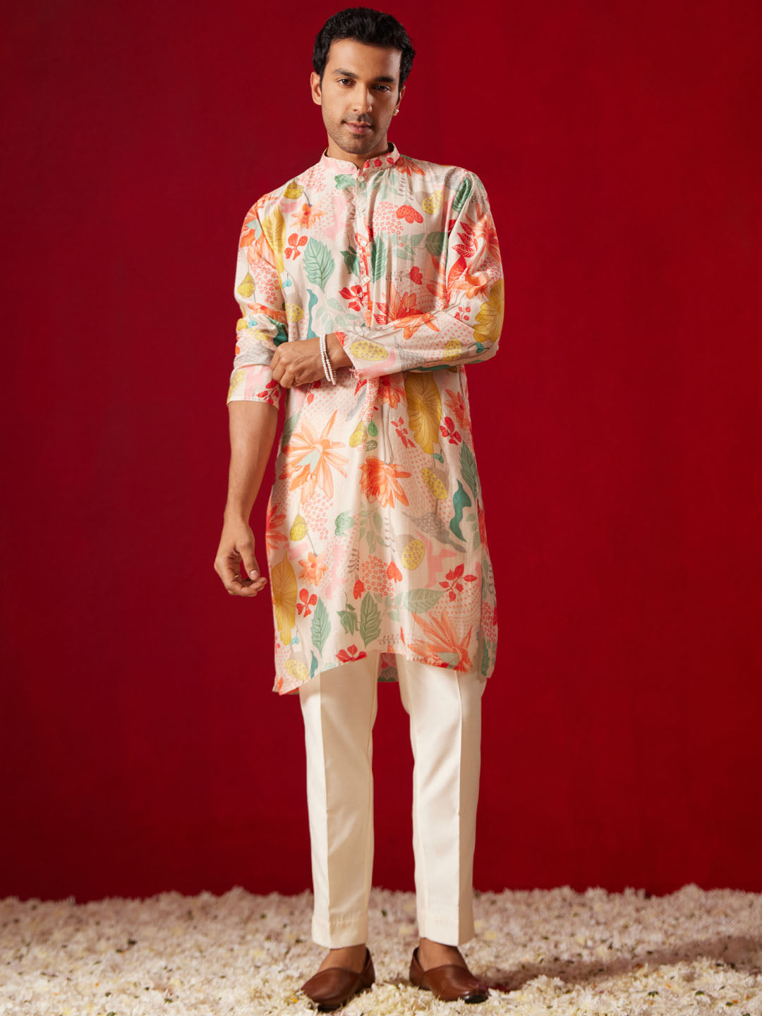 Men Multi Color Base Pink All Over Floral Print Cotton Blend Kurta with Fine Satin Pyjama Set