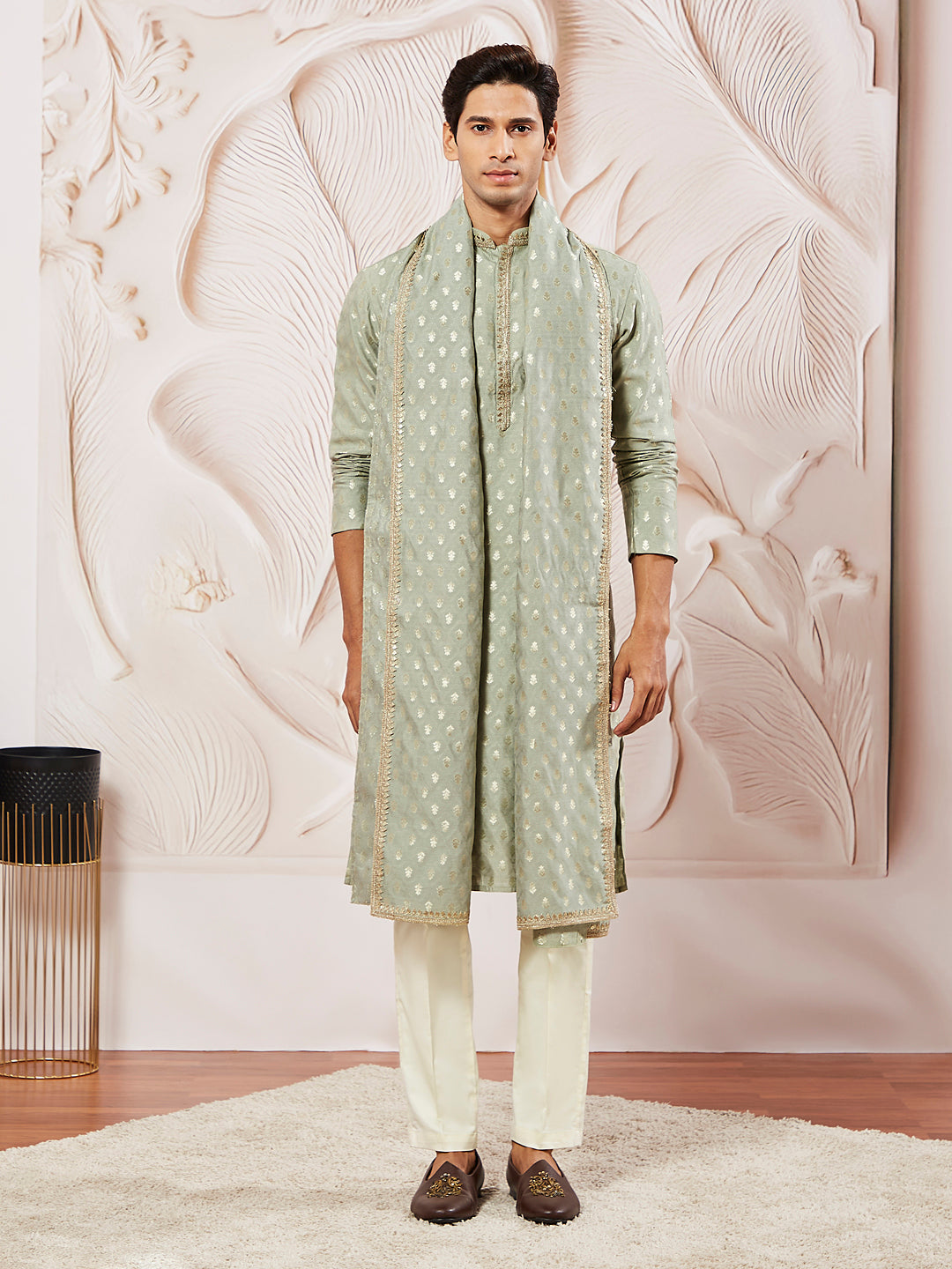 Men's Green Silk Blend Kurta Pyjama Set