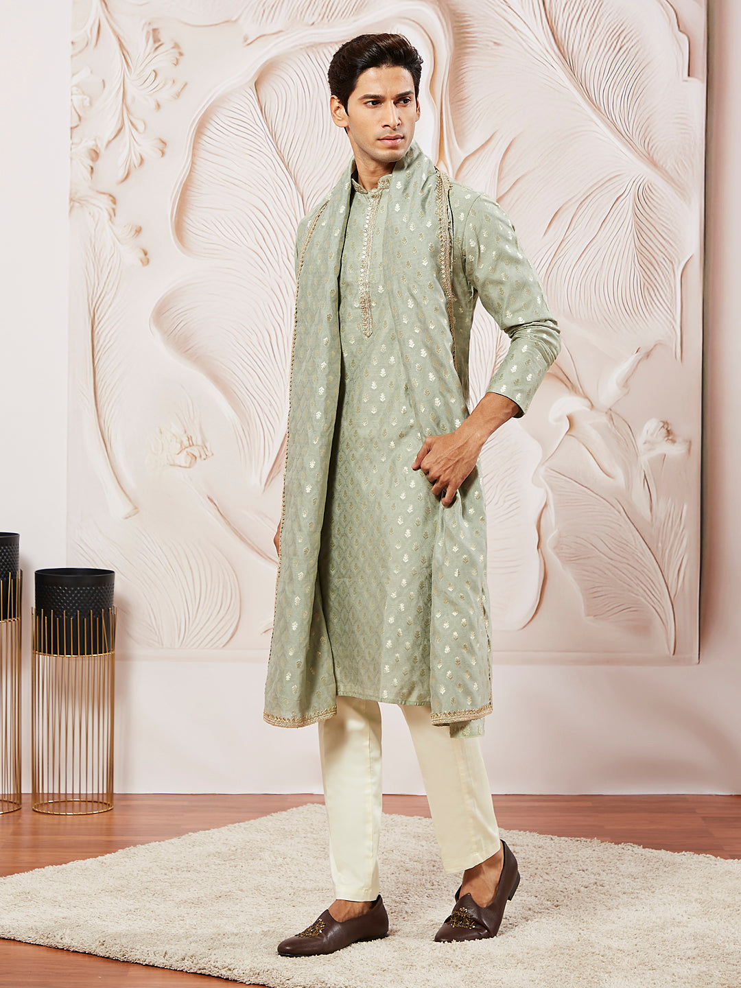 Men's Green Silk Blend Kurta Pyjama Set