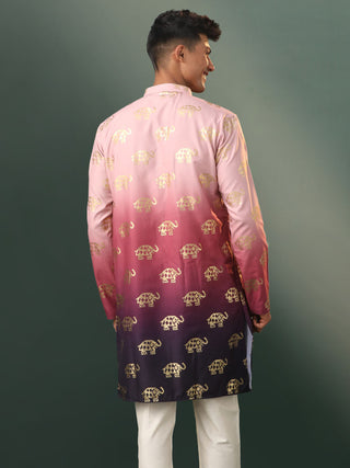 VASTRAMAY Men's Ombre Elephant Motif Print Cotton Blend Kurta