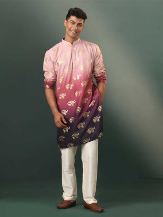 VASTRAMAY Men's Ombre Elephant Motif Print Cotton Blend Kurta Pyjama Set