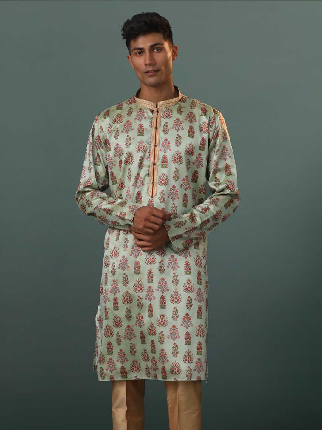 Me's Aqua Silk Blend Floral Printed Kurta