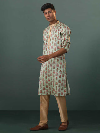 VASTRAMAY Me's Aqua Silk Blend Floral Printed Kurta With Pant Set