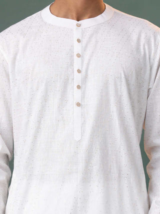 VASTRAMAY Mens White Cotton Embellished Kurta Pyjama Set