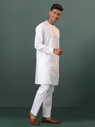 VASTRAMAY Mens White Cotton Embellished Kurta Pyjama Set