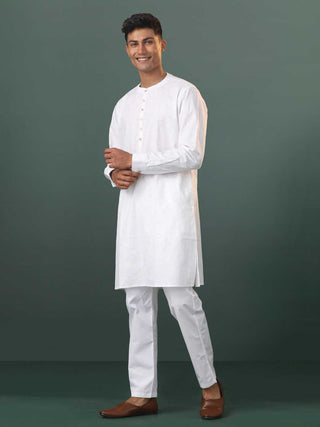 VASTRAMAY Mens Cream Cotton Embellished Kurta Pyjama Set