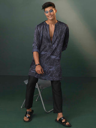 VASTRAMAY Men's Grey And Black Printed Cotton Blend Kurta Pyjama Set
