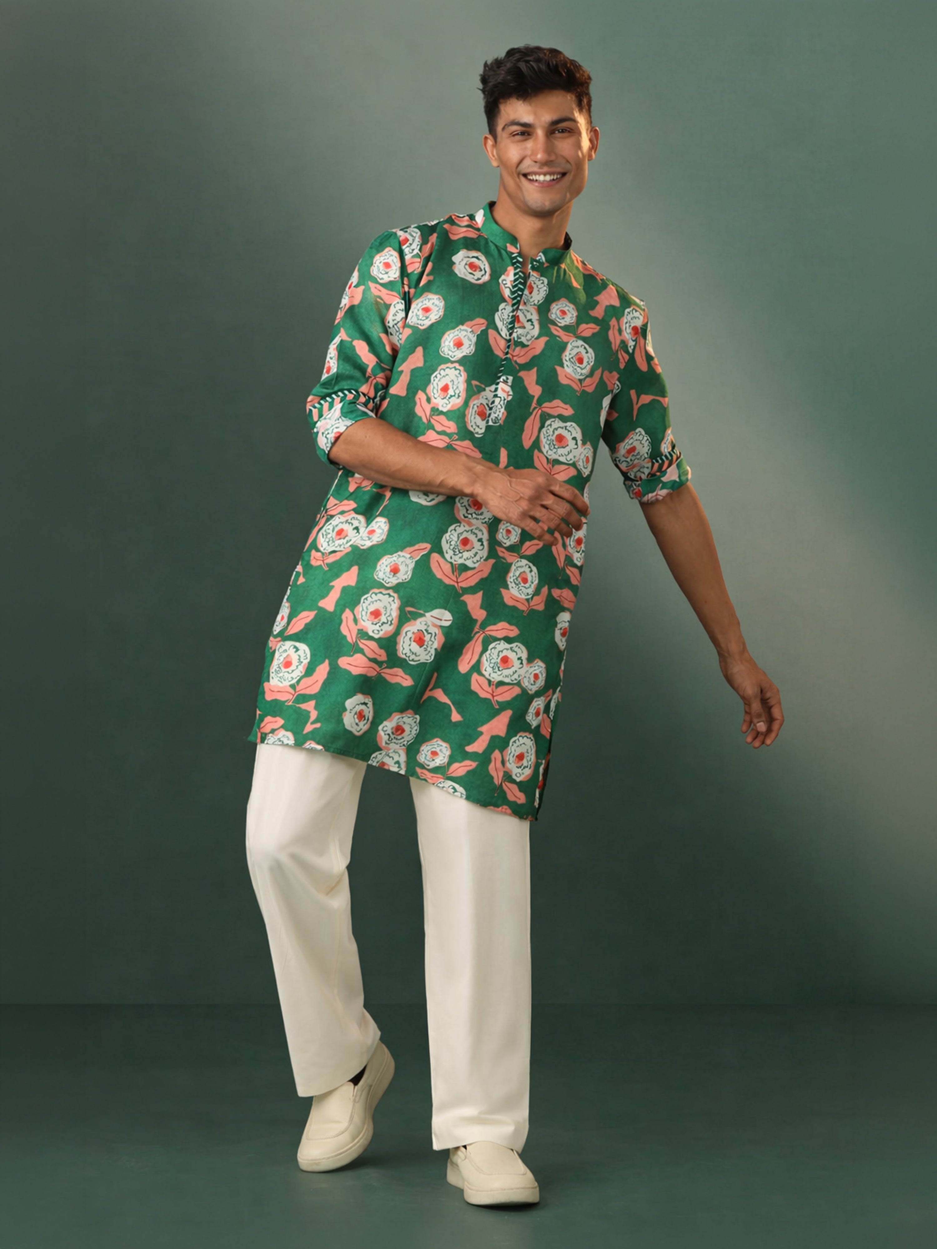 Men Green Floral Printed Plain Thigh Length Kurta Pant Set with Wide Leg Pant