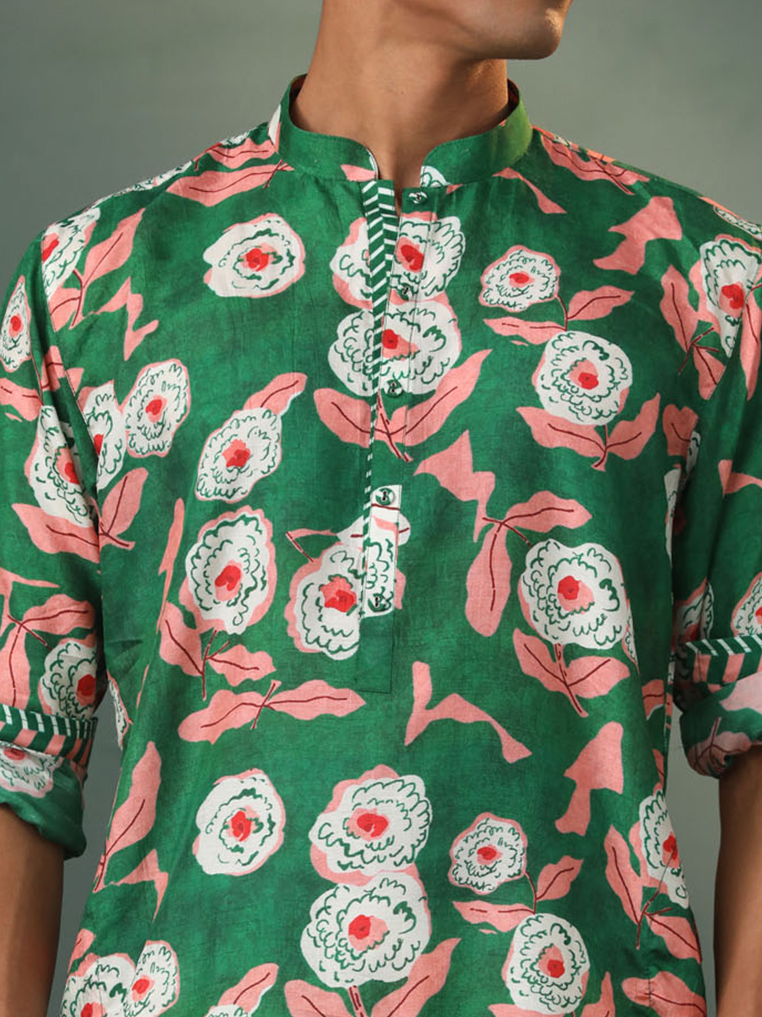 Men Green Floral Printed Plain Thigh Length Kurta Pant Set with Wide Leg Pant