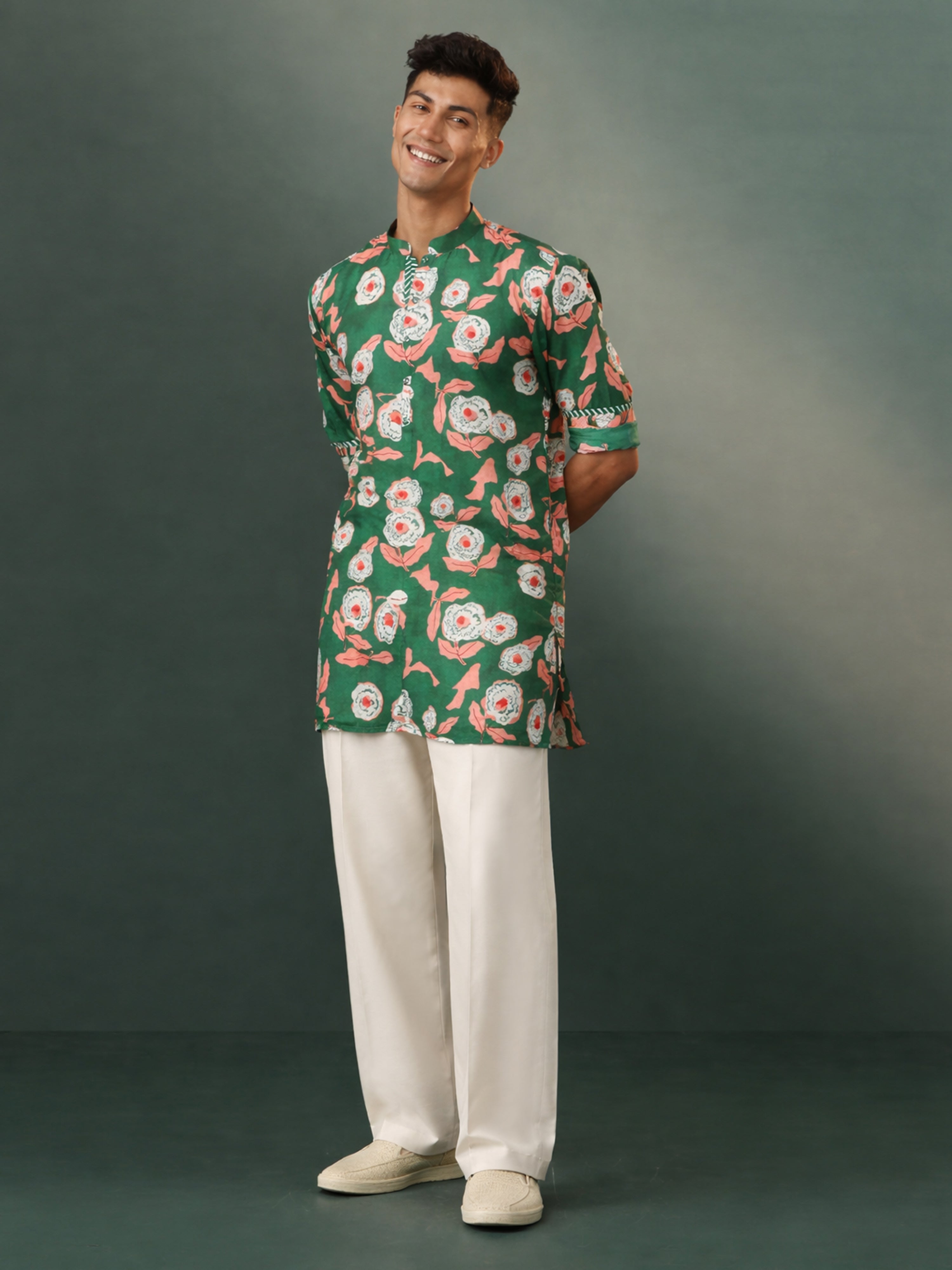 Men Green Floral Printed Plain Thigh Length Kurta Pant Set with Wide Leg Pant