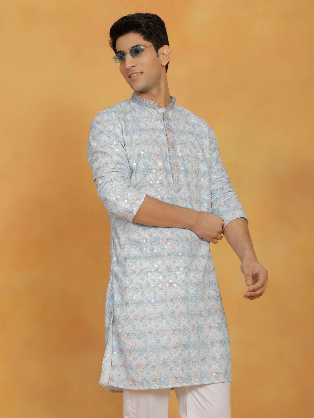 Men's Aqua And White Cotton Blend Kurta And Pyjama Set