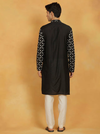 VASTRAMAY Men's Black And Cream Cotton Blend Kurta And Pyjama Set