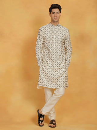 VASTRAMAY Men's Cream Cotton Blend Kurta And Pyjama Set