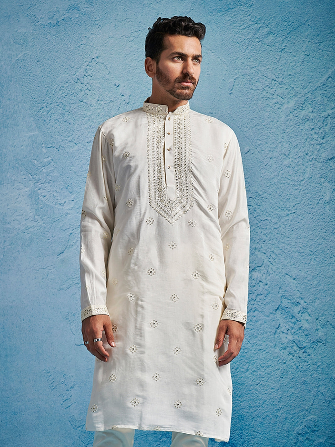 Men's White Silk Blend Geometry Thigh Length Kurta
