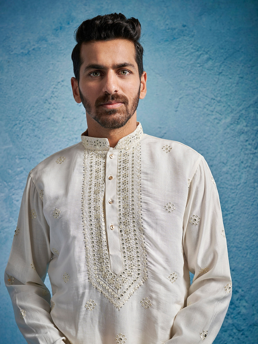 Men's White Silk Blend Geometry Thigh Length Kurta