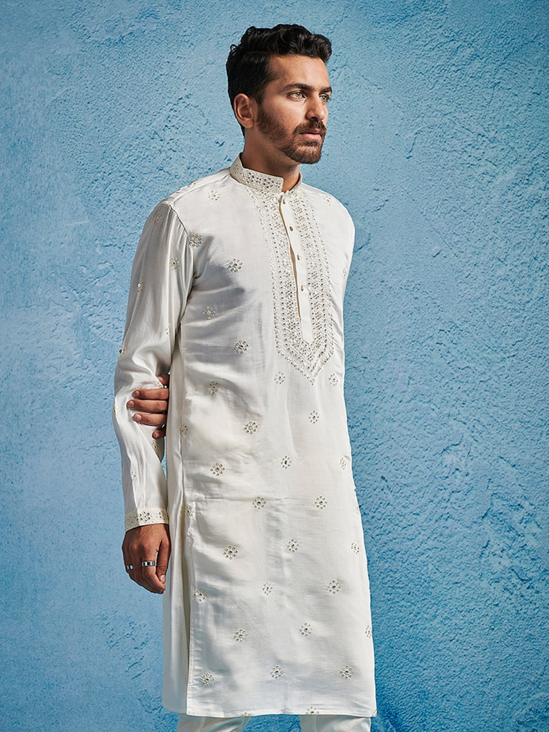 Men's White Silk Blend Geometry Thigh Length Kurta