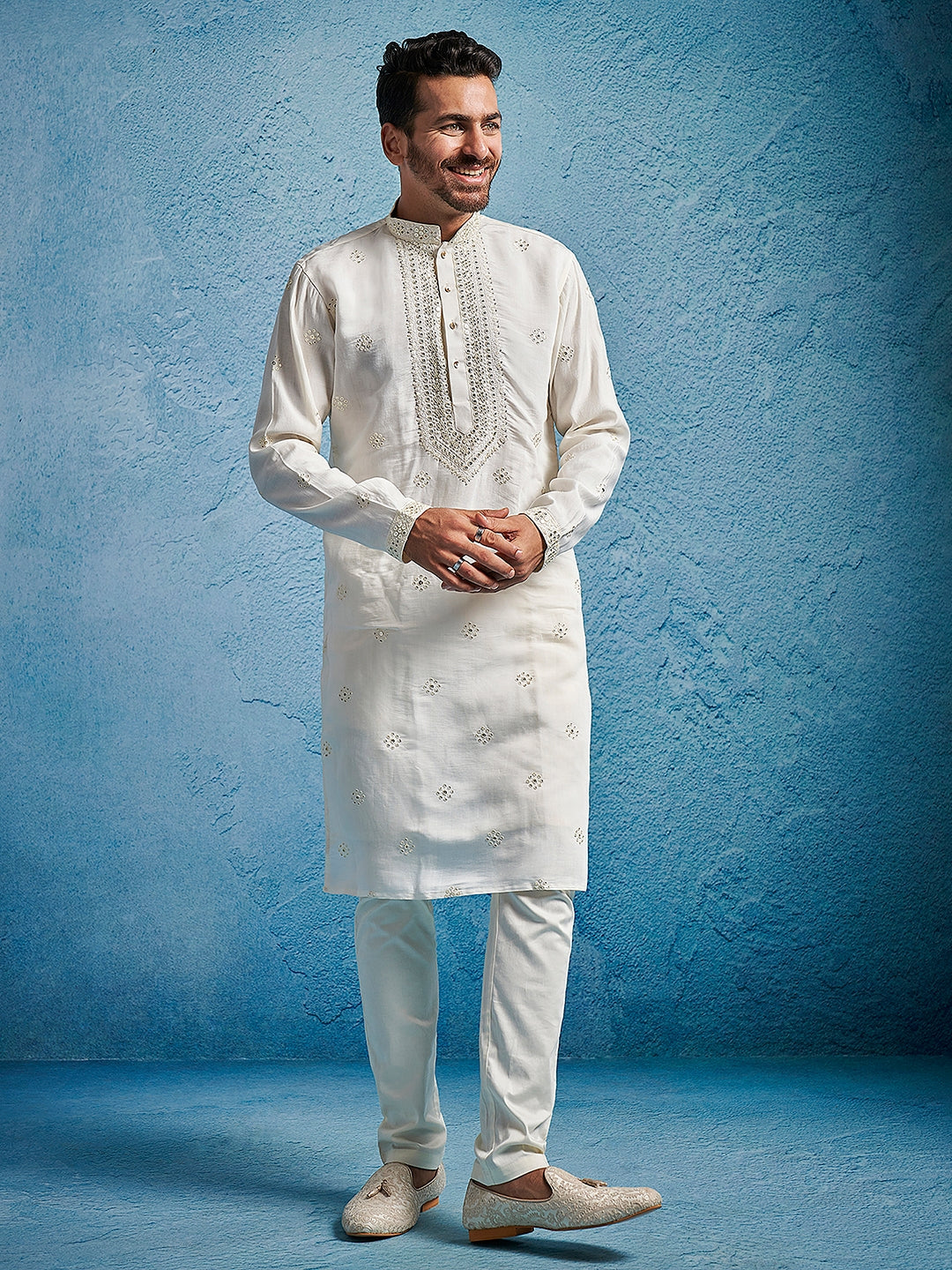 Men's White Silk Blend Geometry Thigh Length Kurta