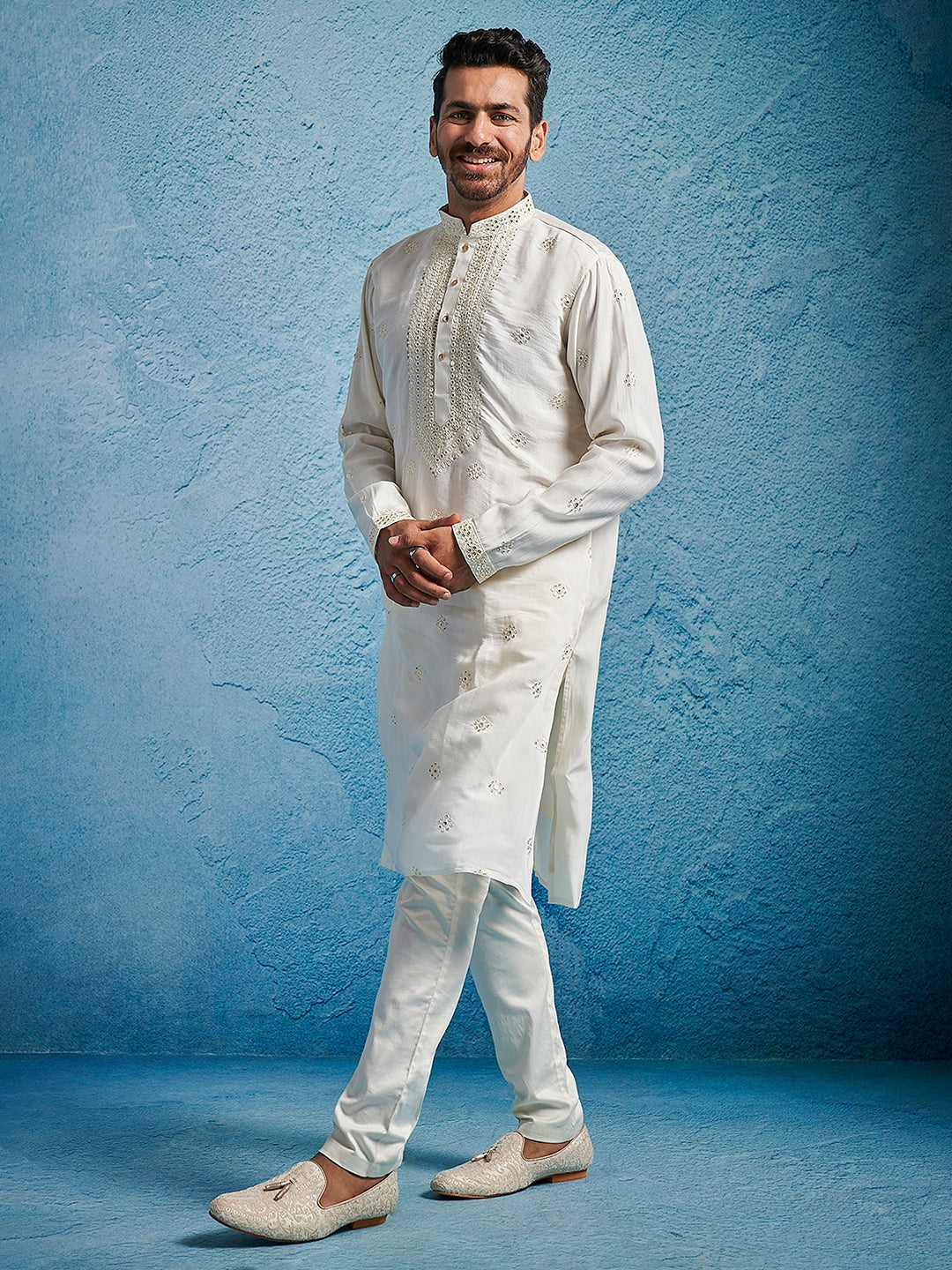 Off-White Silk Blend Embroidered Kurta Pant Set for Men