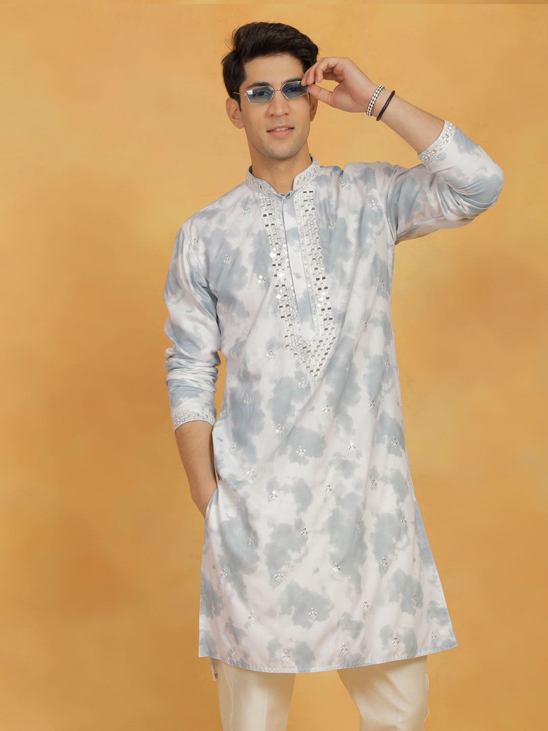 Men's Grey Cotton Blend Kurta