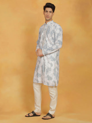 VASTRAMAY Men's Gray And Cream Cotton Blend Kurta And Pyjama Set