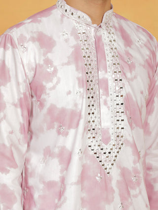 VASTRAMAY Men's Pink And Cream Cotton Blend Kurta And Pyjama Set