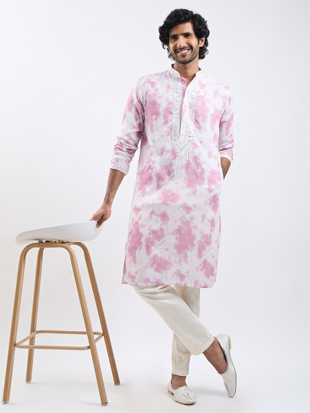 Men's Pink And Cream Cotton Blend Kurta And Pyjama Set