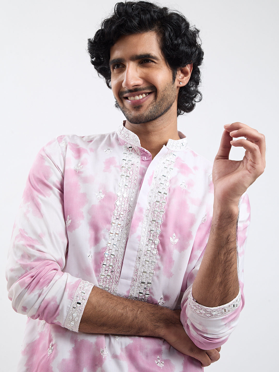 Men's Pink And Cream Cotton Blend Kurta And Pyjama Set