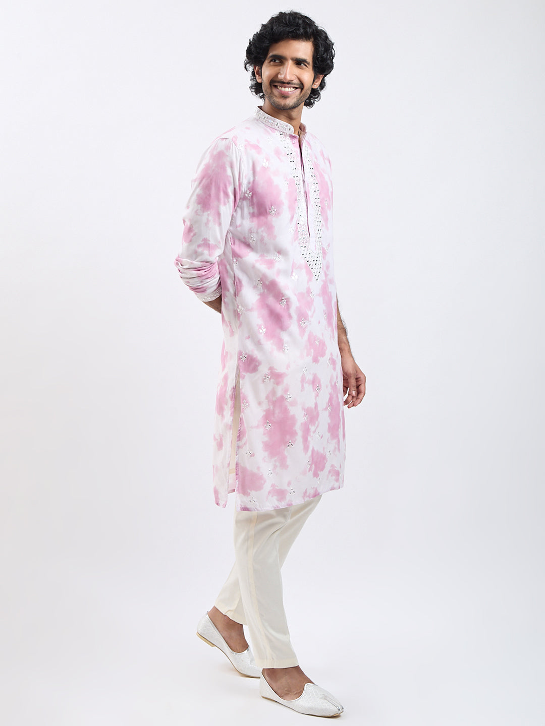 Men's Pink And Cream Cotton Blend Kurta And Pyjama Set