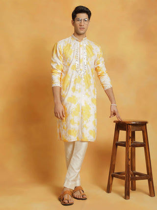 VASTRAMAY Men's Yellow And Cream Cotton Blend Kurta And Pyjama Set