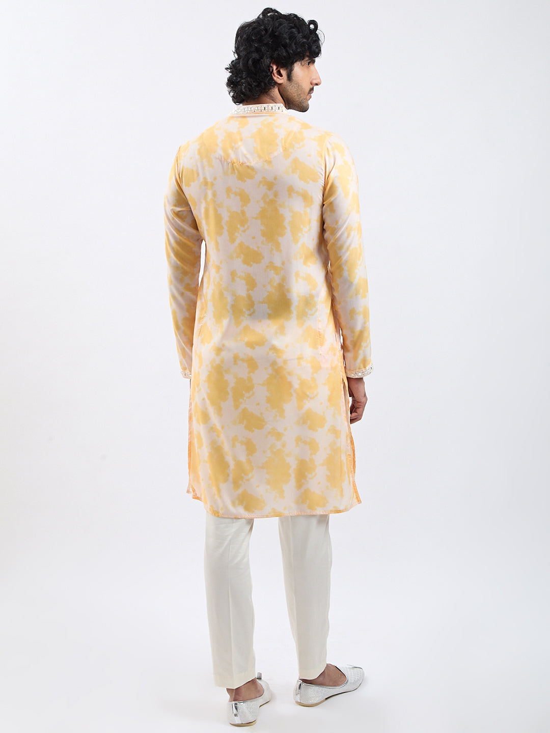 Men's Yellow And Cream Cotton Blend Kurta And Pyjama Set