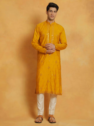 VASTRAMAY Men's Mustard And Cream Silk Blend Kurta And Pyjama Set