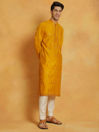 VASTRAMAY Men's Mustard And Cream Silk Blend Kurta And Pyjama Set