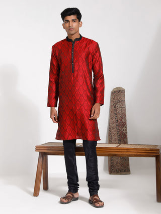 VASTRAMAY Men's Maroon And Black Silk Blend Kurta Pyjama Set