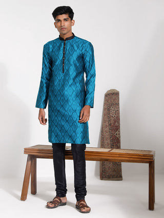 VASTRAMAY Men's Turquoise And Black Silk Blend Kurta Pyjama Set