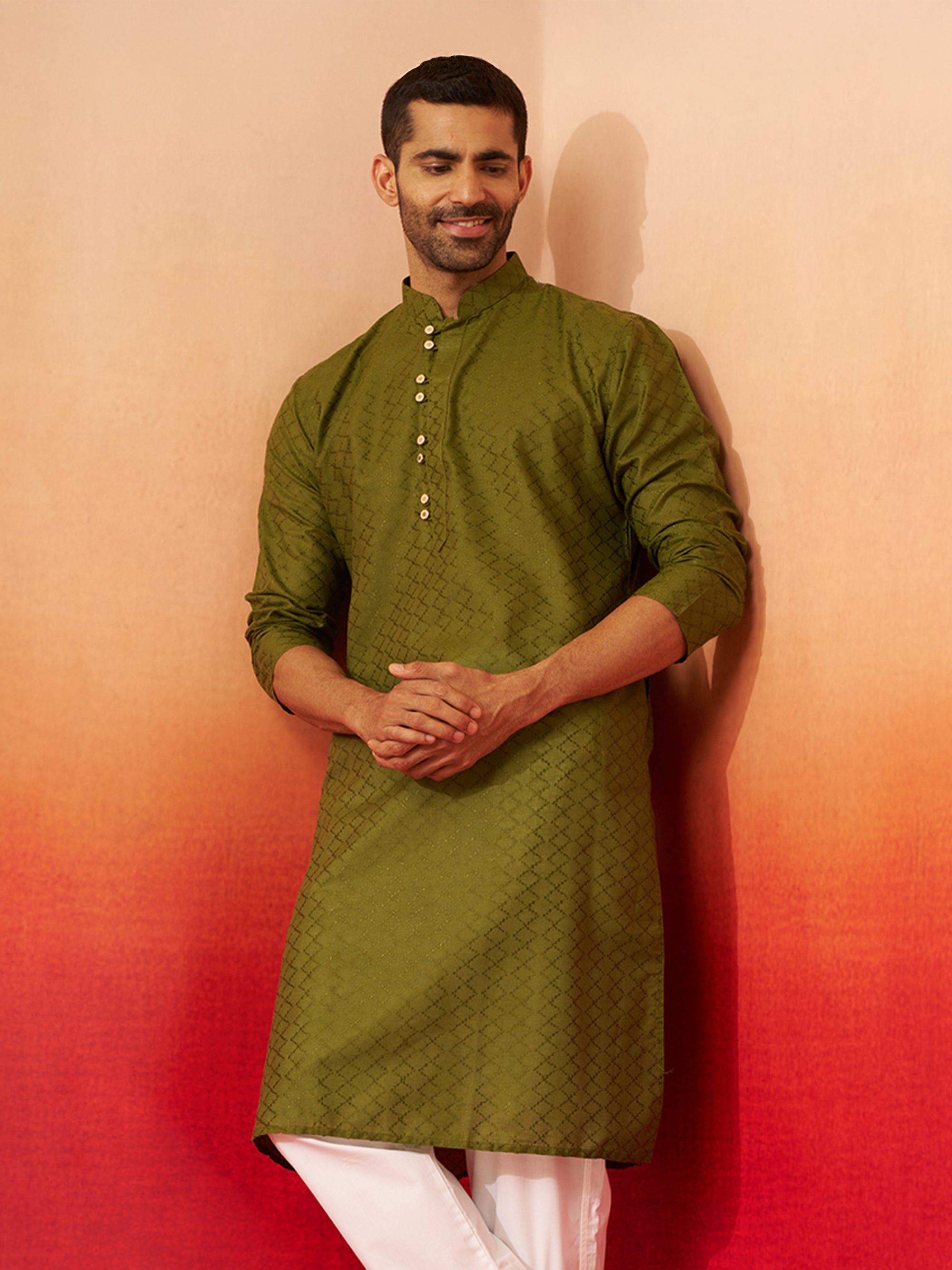Vastramay Men Mehendi Green Cotton Geometric Jacquard Kurta