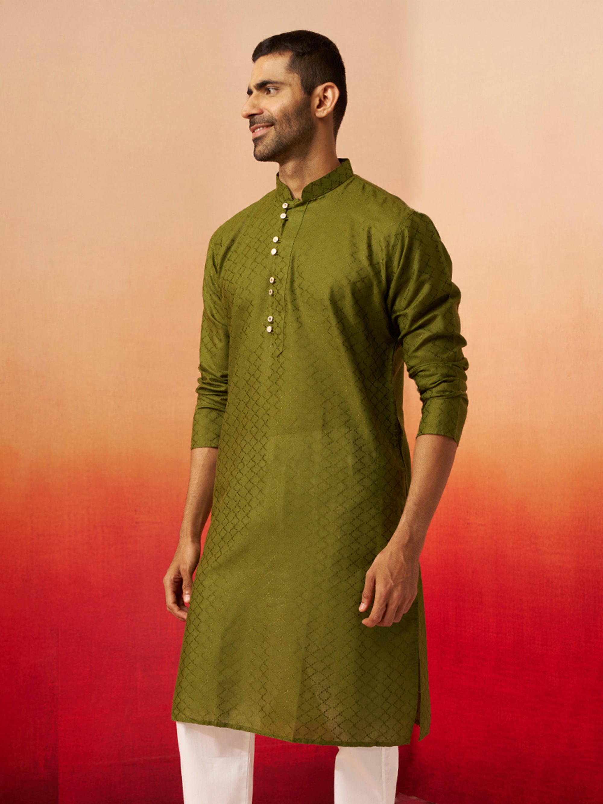 Vastramay Men Mehendi Green Cotton Geometric Jacquard Kurta