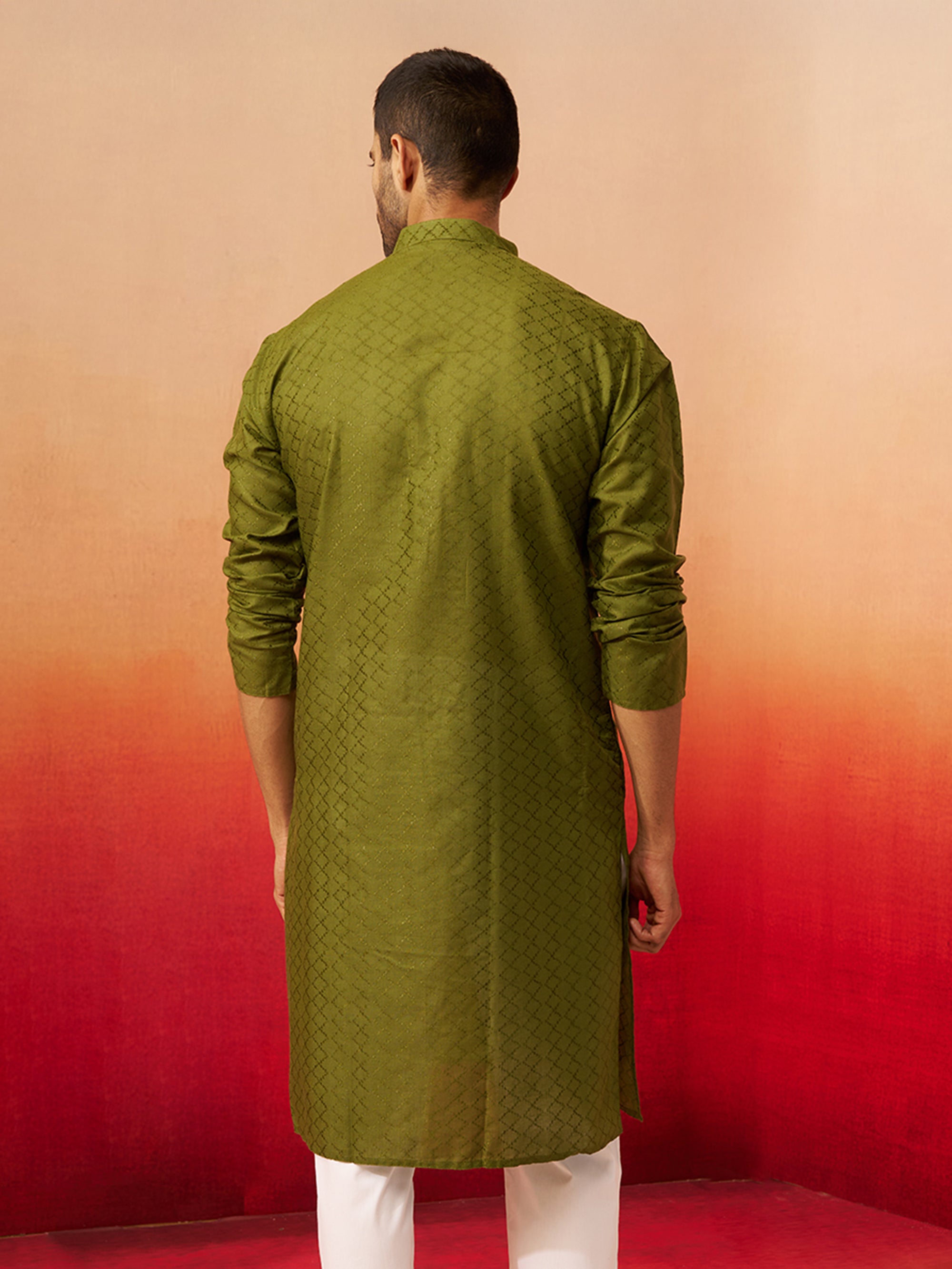 Vastramay Men Mehendi Green Cotton Geometric Jacquard Kurta