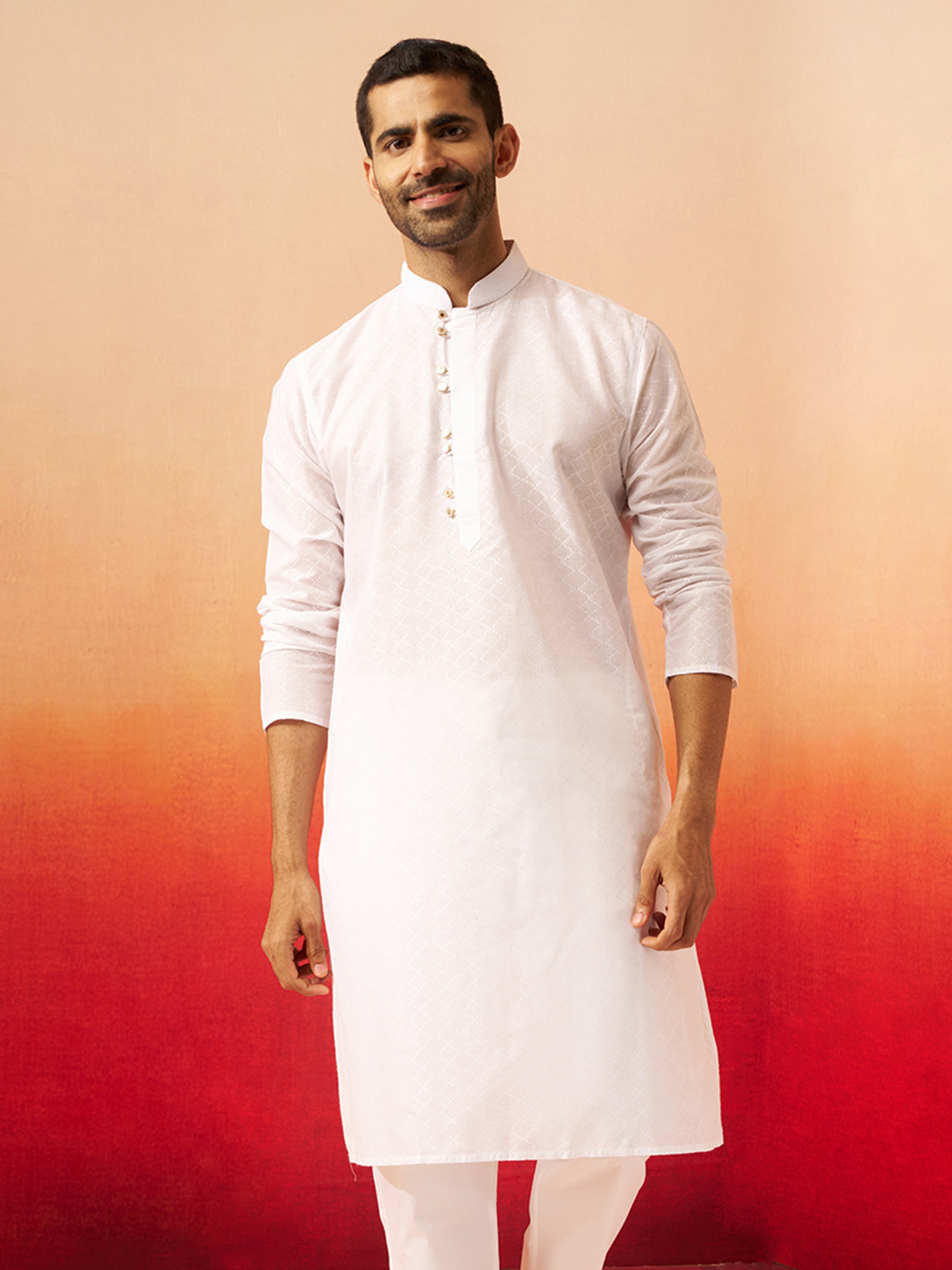 Vastramay Men White Cotton Geometric Jacquard Kurta