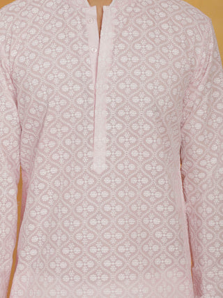 VASTRAMAY Men's Pink And White Cotton Kurta And Pyjama Set