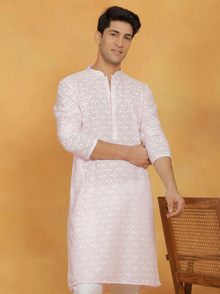 VASTRAMAY Men's Pink And White Cotton Kurta And Pyjama Set