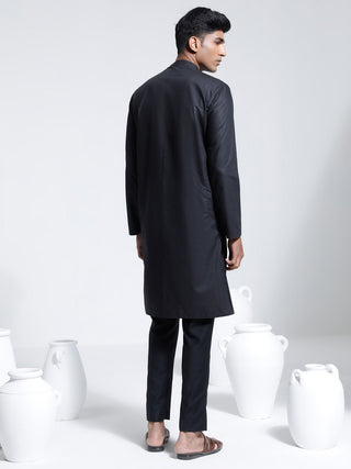 VASTRAMAY Men's Black Cotton Silk Kurta And Pyjama Set