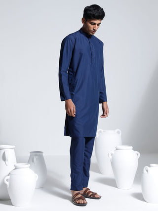 VASTRAMAY Men's Navy Blue Cotton Silk Kurta And Pyjama Set