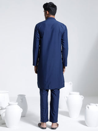 VASTRAMAY Men's Navy Blue Cotton Silk Kurta And Pyjama Set