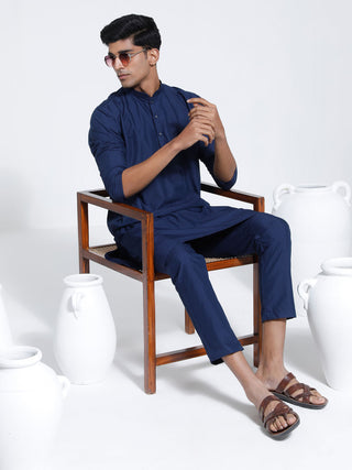 VASTRAMAY Men's Navy Blue Cotton Silk Kurta And Pyjama Set