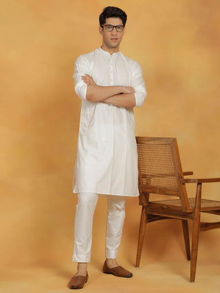 VASTRAMAY Men's Off White Cotton Silk Kurta And Pyjama Set