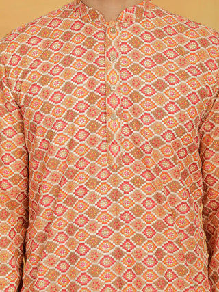 VASTRAMAY Men's Orange And Cream Maslin Kurta And Pyjama Set