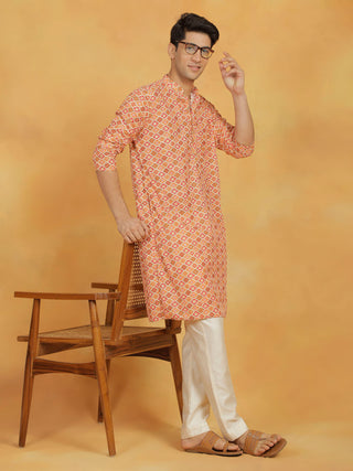 VASTRAMAY Men's Orange And Cream Muslin Kurta And Pyjama Set