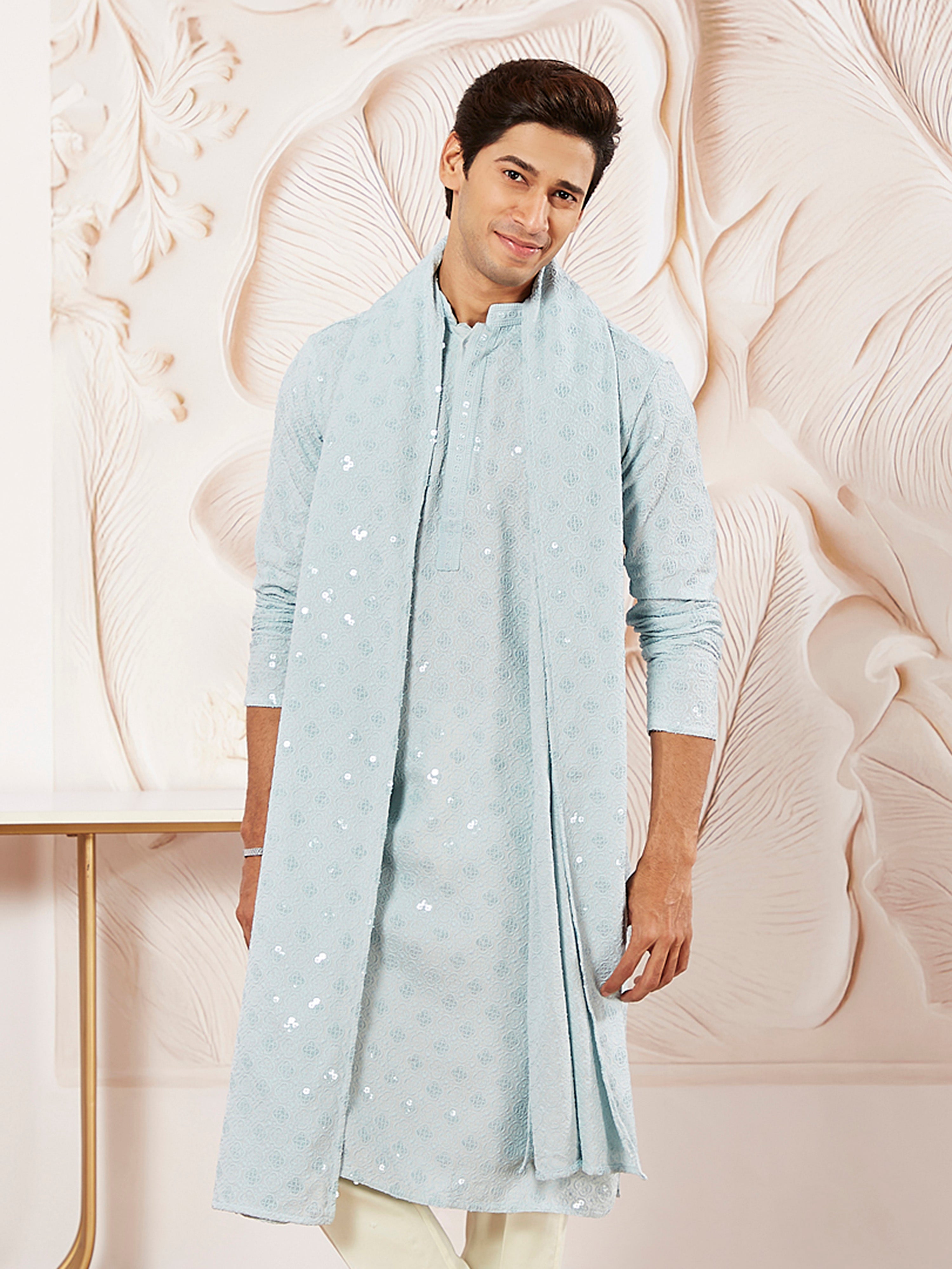 Men's Aqua Chikankari Silk Kurta with Silk Dupatta Set
