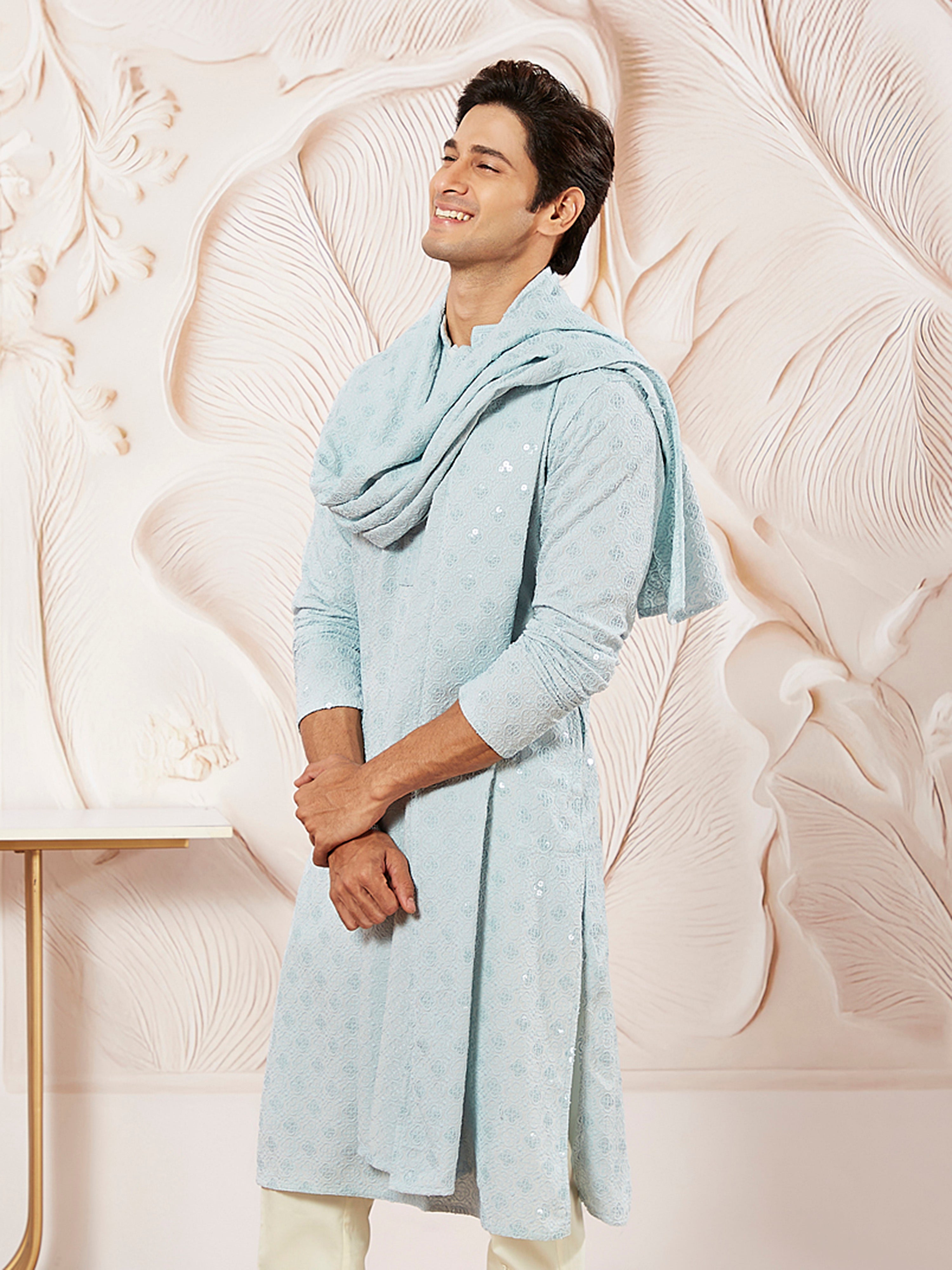 Men's Aqua Chikankari Silk Kurta with Silk Dupatta Set