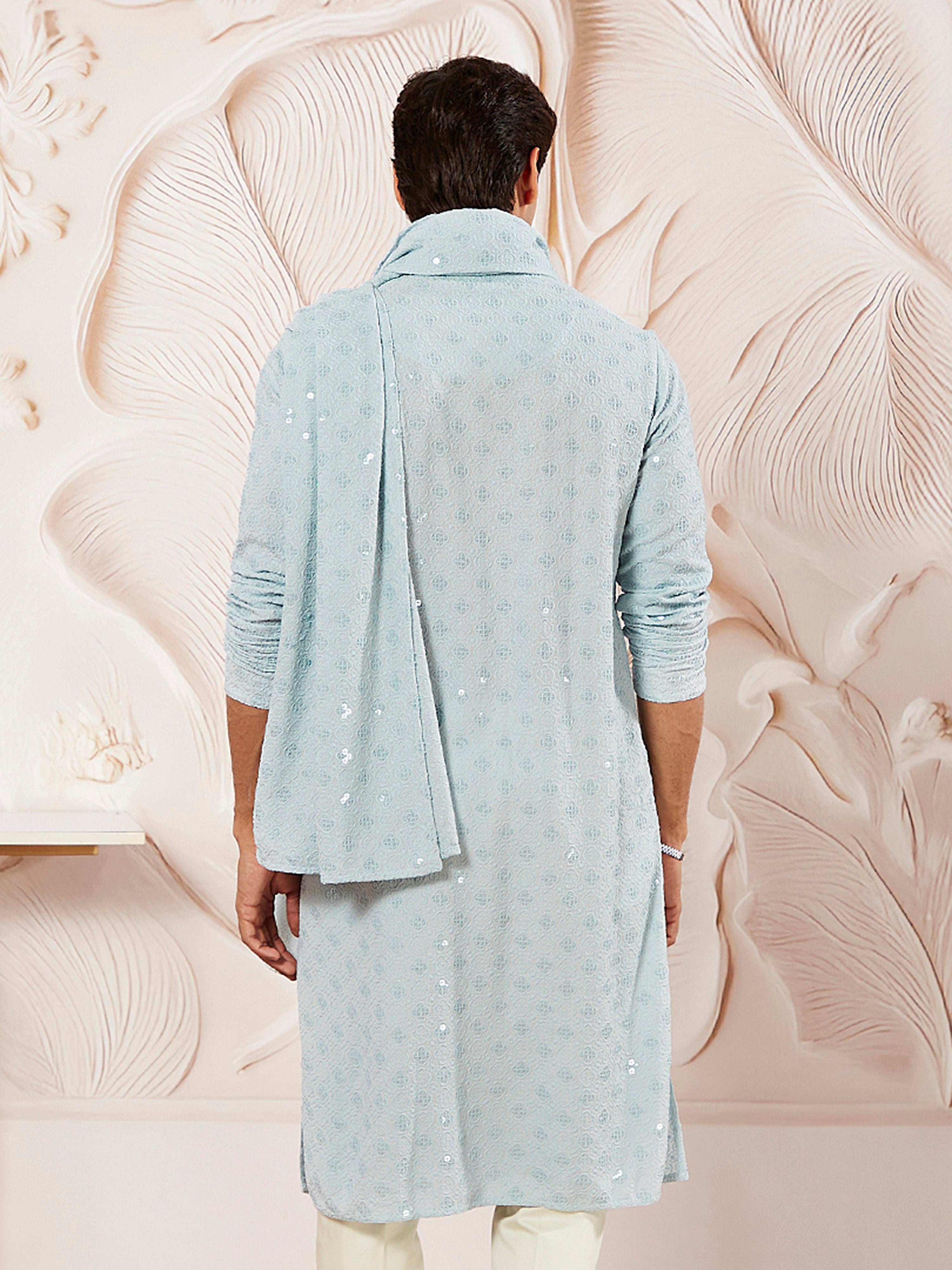 Men's Aqua Chikankari Silk Kurta with Silk Dupatta Set